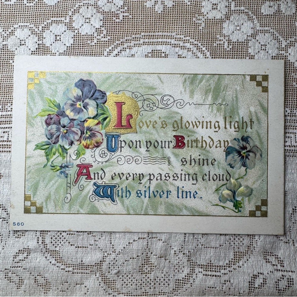 Antique Floral Birthday Card Postcard with Gold Accents Pansy Vintage Decor